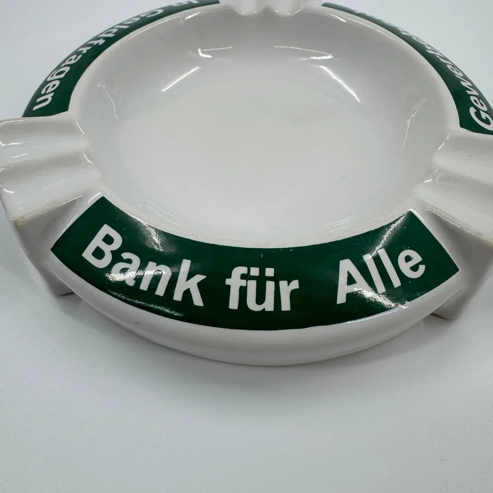 Vintage Gewerbebank Bank Fur Alle Ceramic Ashtray‎ White Green Collectible